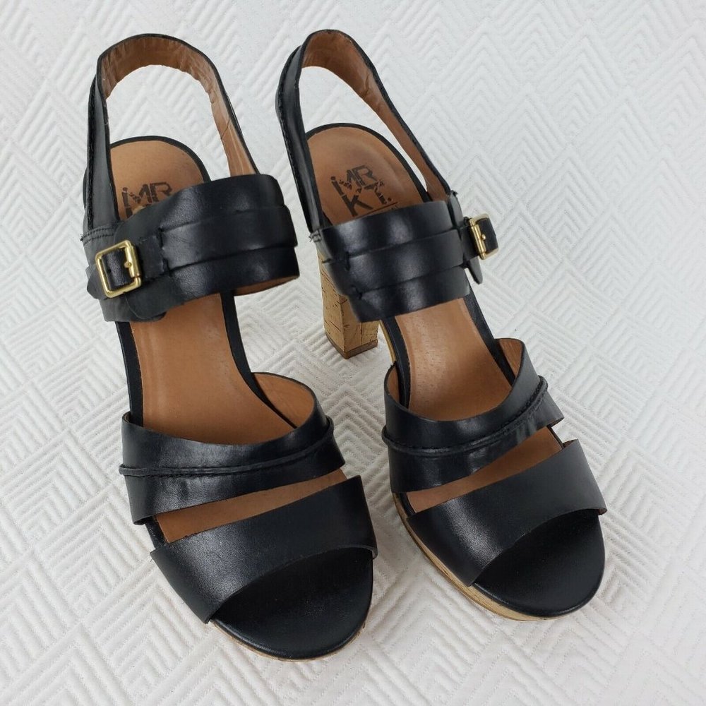 MRKT Womens Cork Platform Peep Toe Sandals Black Shoes 4" Chunky Heels Size 7